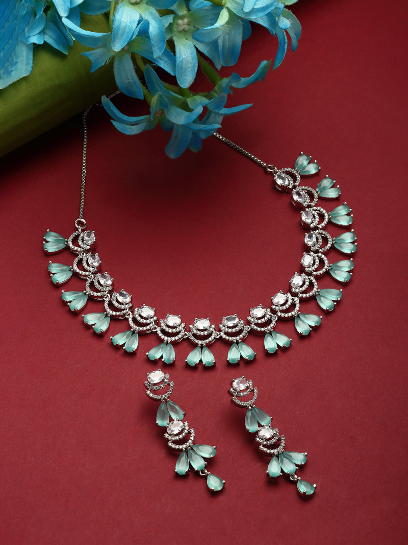 Rhodium-Plated Sea Green American Diamond Studded Teardrop & Crescent Shaped Necklace with Earrings Jewellery Set