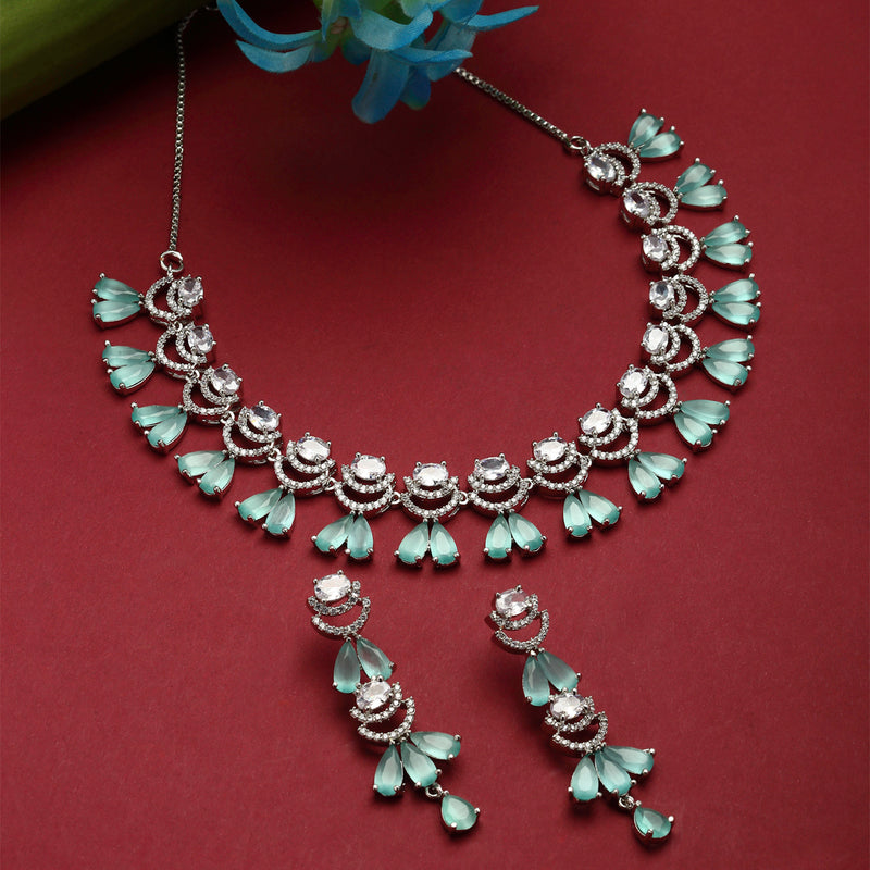 Rhodium-Plated Sea Green American Diamond Studded Teardrop & Crescent Shaped Necklace with Earrings Jewellery Set