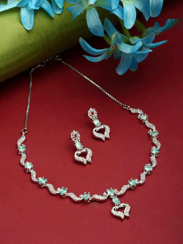 Rhodium-Plated Sea Green American Diamond Studded Heart Shaped Necklace & Earrings Jewellery Set