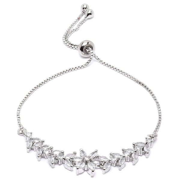 Rhodium Plated Silver Toned White Floral Shaped American Diamond Studded  Bracelet