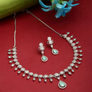 Rhodium-Plated Sea Green American Diamond Studded Floral & Teardrop Shaped Necklace & Earrings Jewellery Set