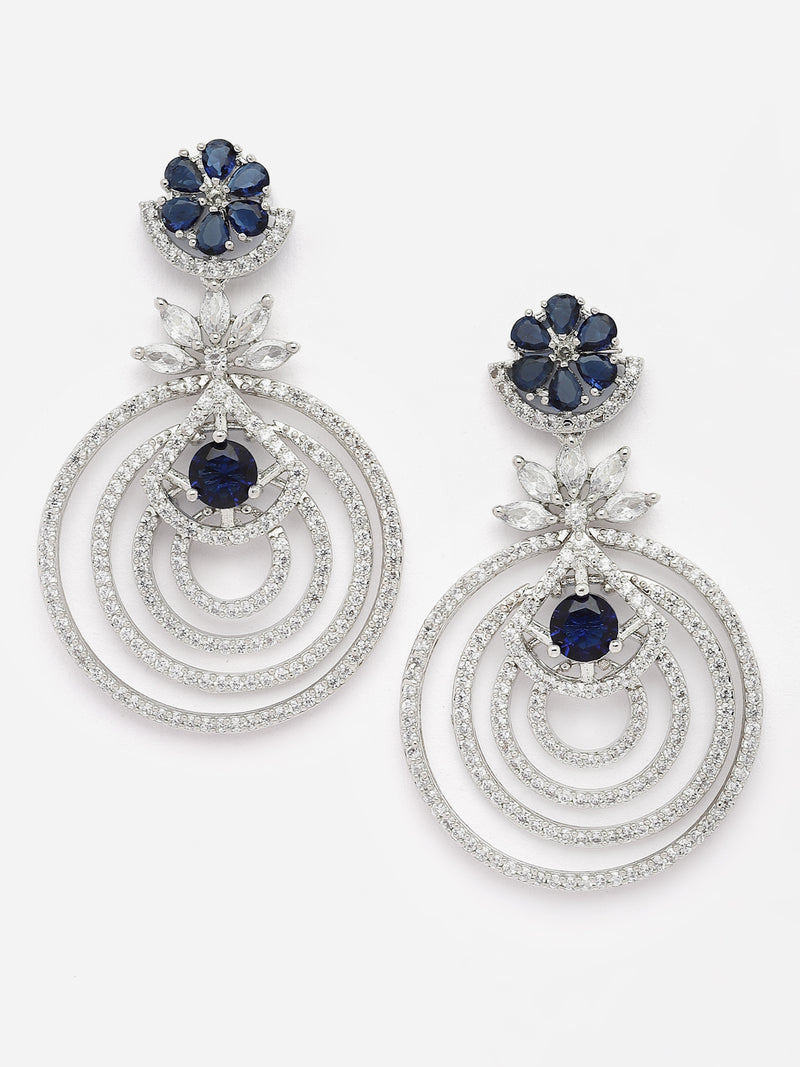 Rhodium-Plated Navy Blue & White American Diamond studded Floral & Circular Layered Drop Earrings