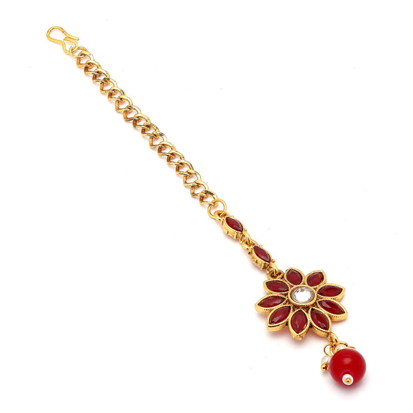 Minimal Floral  Gold Plated Traditional Kundan & Pearl Maang Tikka