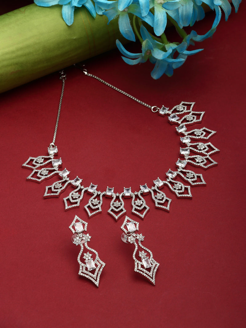Rhodium-Plated White American Diamond Studded Tempted Necklace & Earrings Jewellery Set