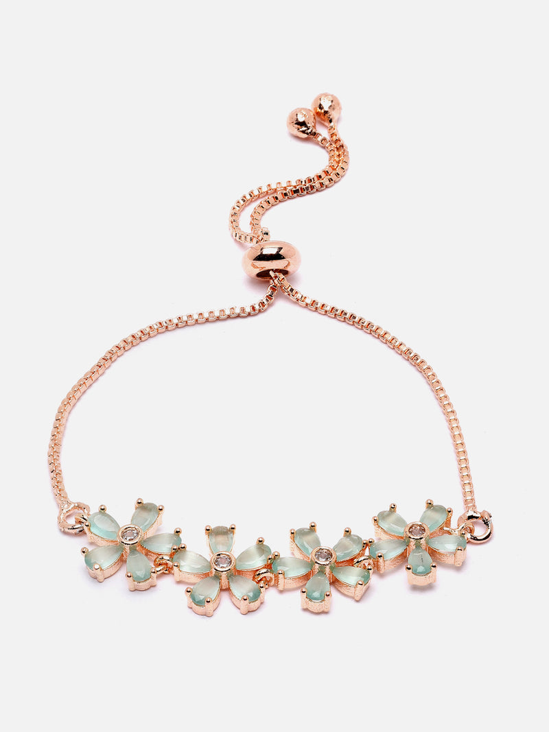 Rose Gold-Plated Sea Green American Diamond studded Floral Shaped Link Bracelet