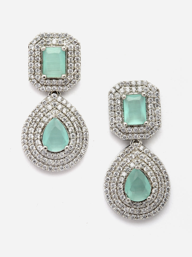 Rhodium-Plated Sea Green & White American Diamond studded Square & Teardrop Shaped Drop Earrings