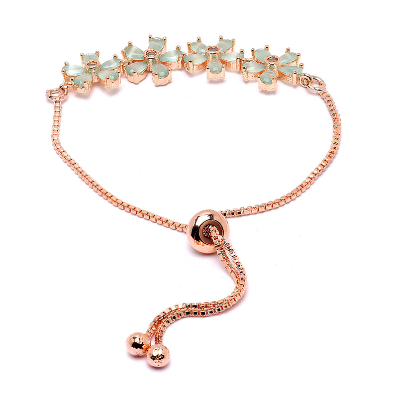 Rose Gold-Plated Floral Shaped Sea Green American Diamond Studded Bracelet