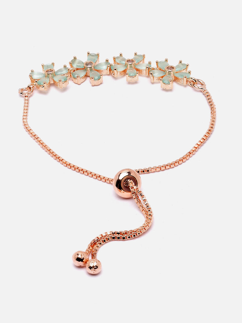 Rose Gold-Plated Sea Green American Diamond studded Floral Shaped Link Bracelet