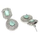 Rhodium Plated Square Sea Green American Diamond Contemporary Drop Earrings