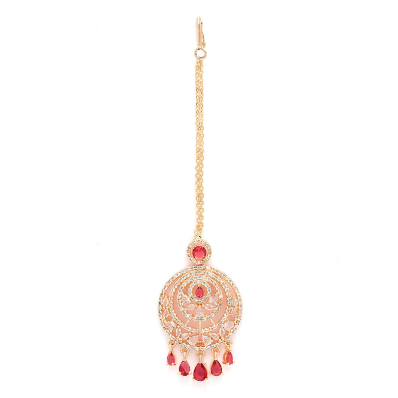 Traditional Rose Gold Plated Red American Diamond Studded Chandelier Maangtikka
