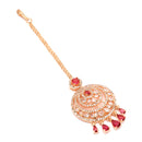 Traditional Rose Gold Plated Red American Diamond Studded Chandelier Maangtikka