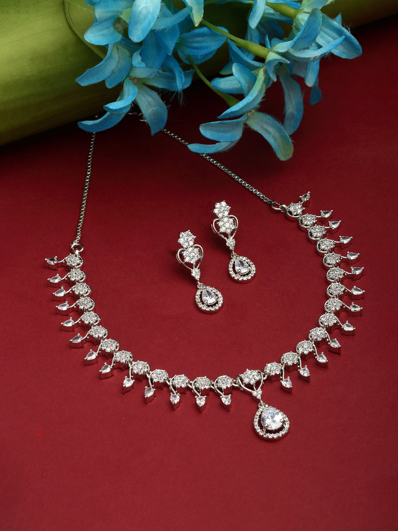 Rhodium-Plated White American Diamond Studded Floral & Teardrop Shaped Necklace & Earrings Jewellery Set