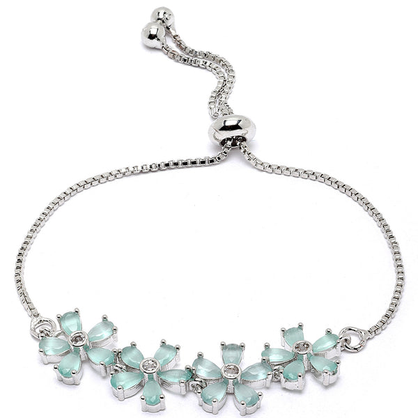 Rhodium-Plated Silver Toned Sea Green American Diamond studded Floral Bracelet
