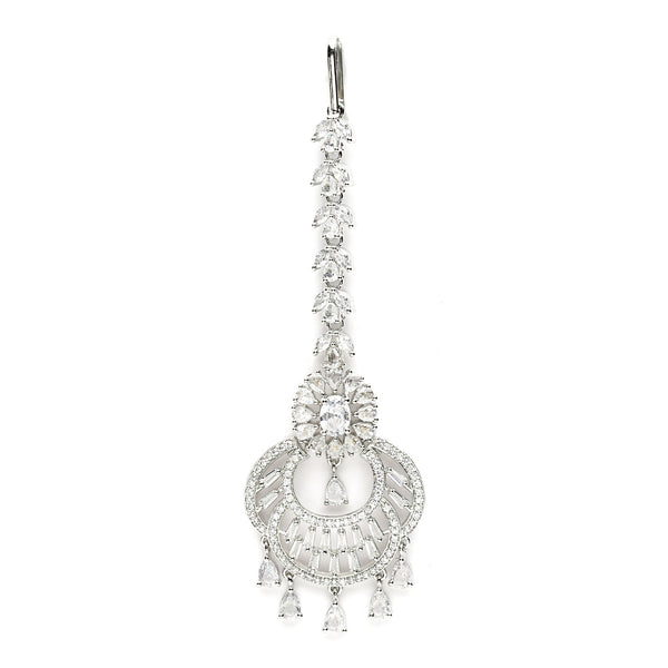 Rhodium Plated Silver Toned American Diamond  Maang Tikka With Elegant Dangling Stones