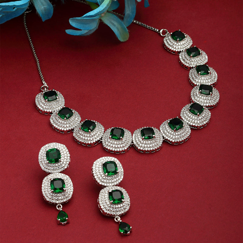 Rhodium-Plated Green Cubic Zirconia Studded Necklace with Earrings Jewellery Set