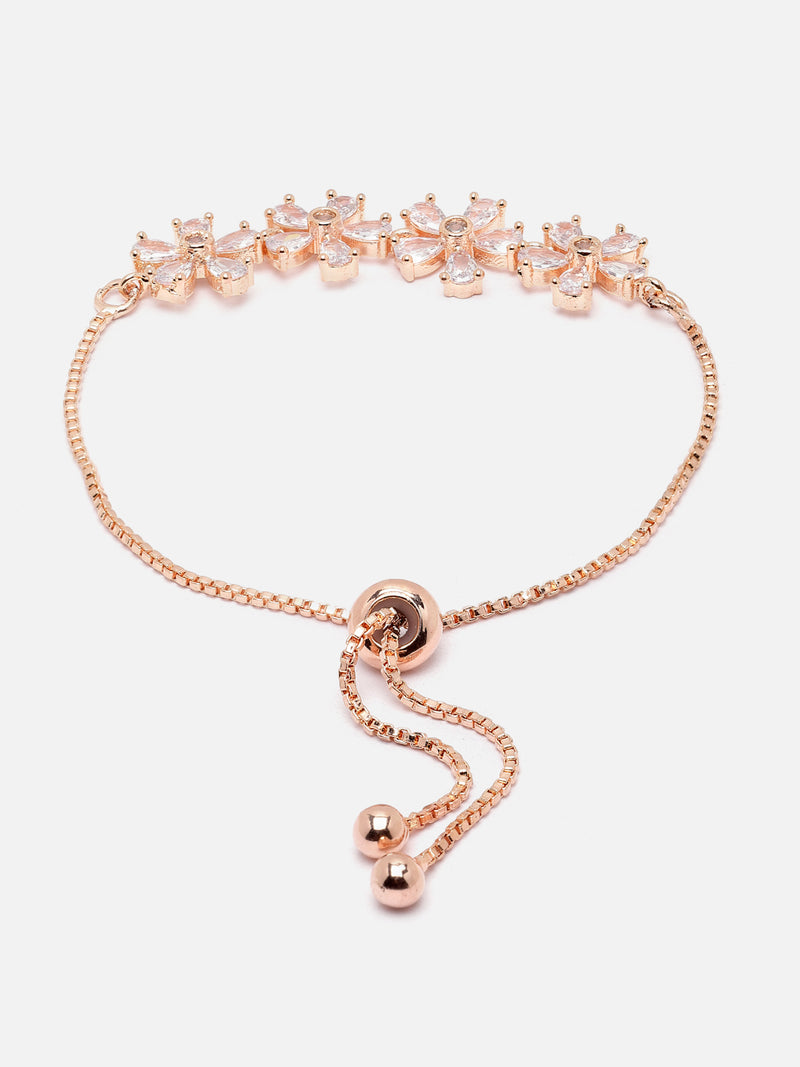 Rose Gold-Plated White American Diamond studded Floral Shaped Link Bracelet