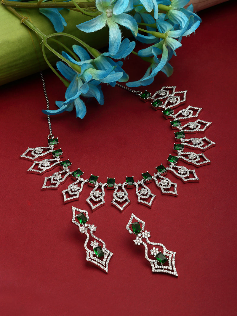 Rhodium-Plated Green American Diamond Studded Tempted Necklace & Earrings Jewellery Set