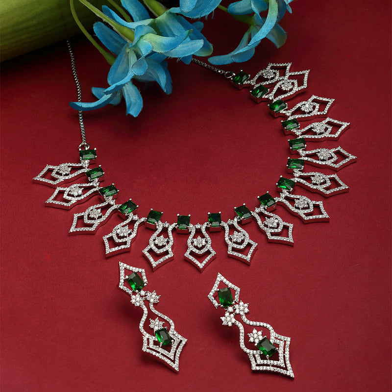 Rhodium-Plated Green American Diamond Studded Tempted Necklace & Earrings Jewellery Set