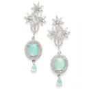 Rhodium-Plated Sea Green American Diamond studded Contemporary Drop Earrings