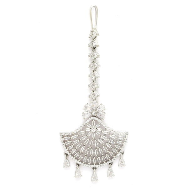 Rhodium Plated Silver Toned American Diamond  Maang Tikka  with Elegant Dangling Stones