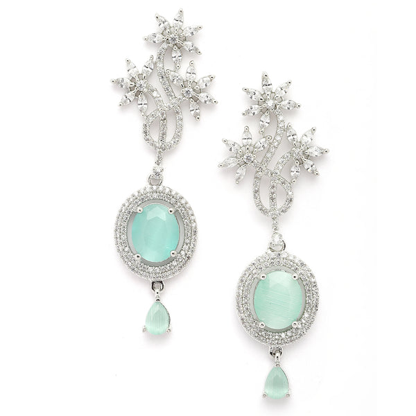 Rhodium-Plated Sea Green American Diamond studded Contemporary Drop Earrings