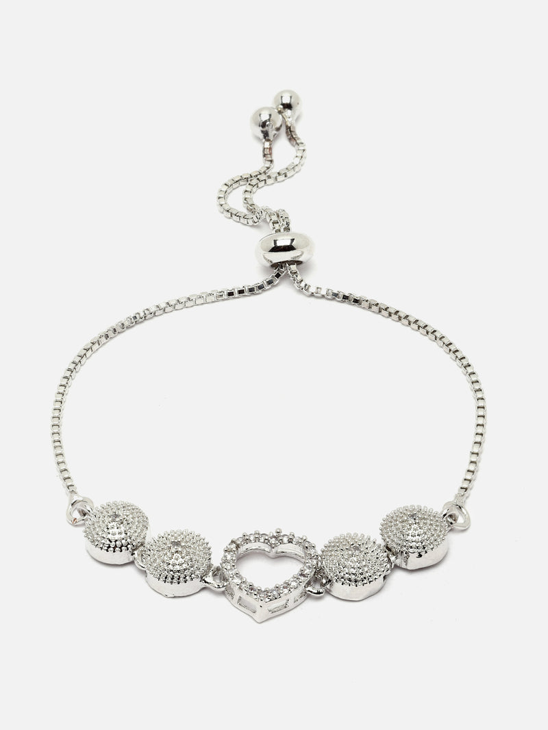 Rhodium-Plated Silver Toned White American Diamond studded Heart Shaped Link Bracelet