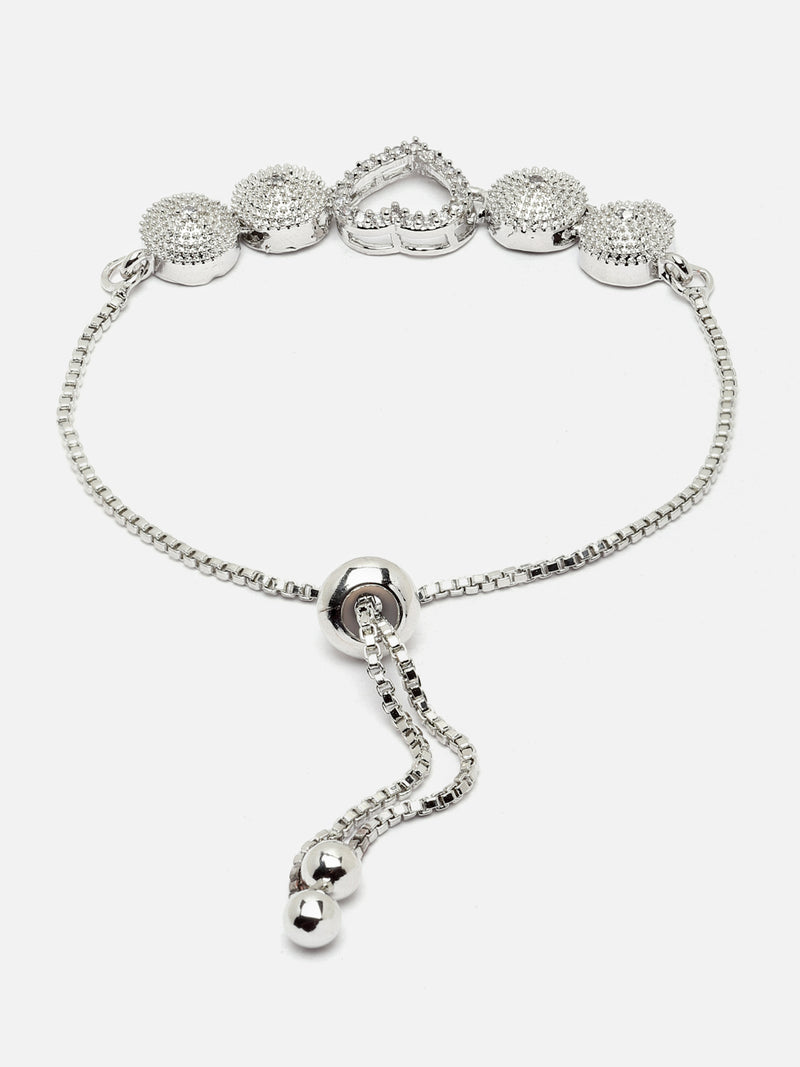 Rhodium-Plated Silver Toned  Heart Shaped White American Diamond studded Bracelet