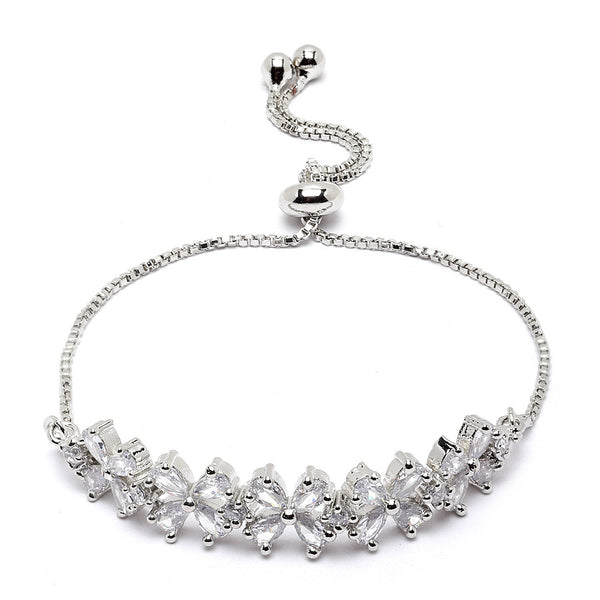Rhodium-Plated Silver Toned White American Diamond studded Floral Bracelet