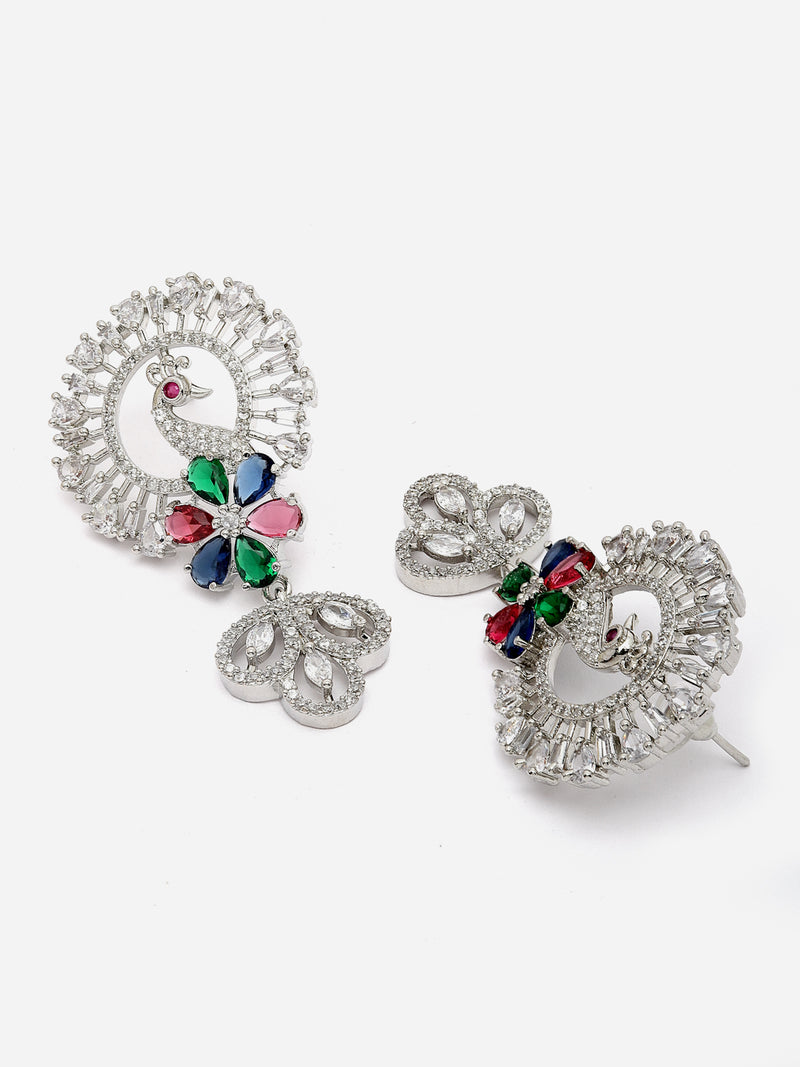 Rhodium-Plated Multi-Colour American Diamond studded Handcrafted Peacock Shaped Drop Earrings
