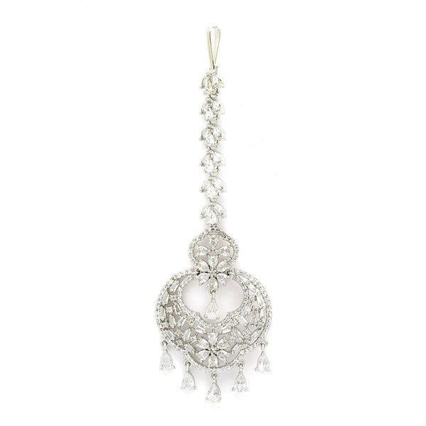 Rhodium Plated Silver Toned American Diamond  Maang Tikka with Elegant Dangling Stones