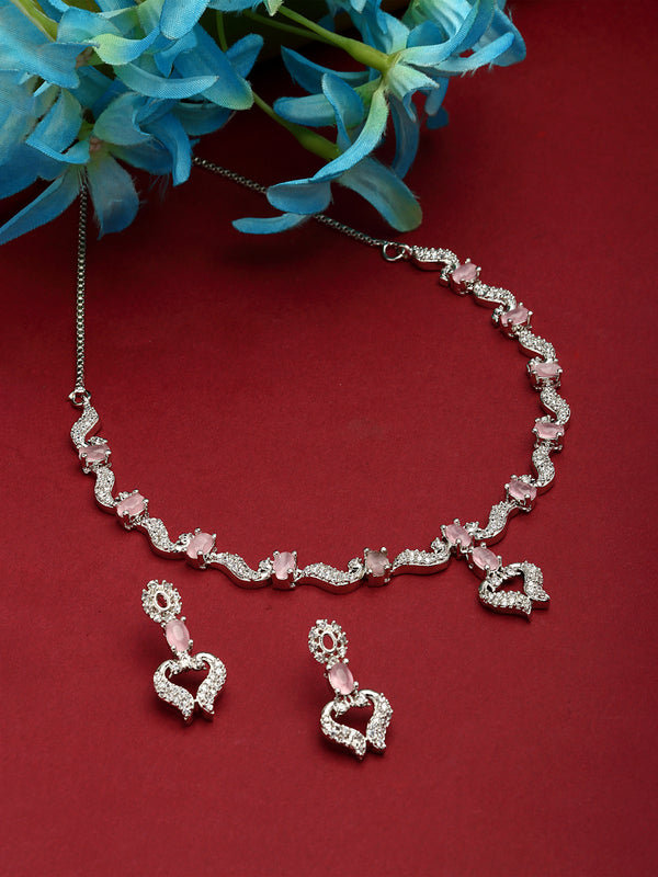 Rhodium-Plated Pink American Diamond Studded Heart Shaped Necklace & Earrings Jewellery Set