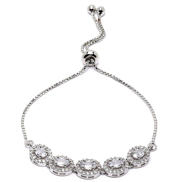 Rhodium-Plated Silver Toned Oval Shaped White American Diamond Studded Bracelet