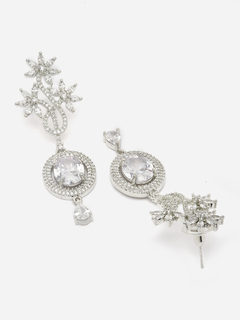 Rhodium-Plated White American Diamond studded Contemporary Drop Earrings