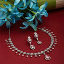Rhodium-Plated Pink American Diamond Studded Floral & Teardrop Shaped Necklace & Earrings Jewellery Set