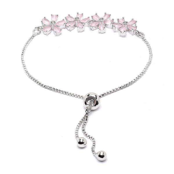 Rhodium-Plated Silver Toned Floral Shaped Pink American Diamond Studded  Bracelet
