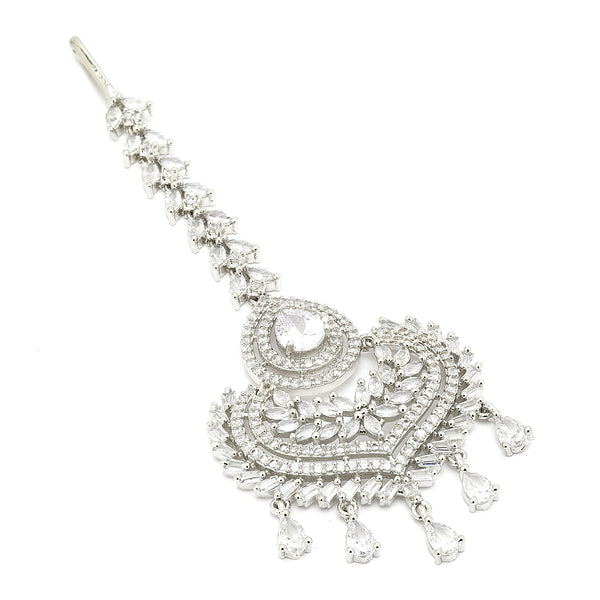 Rhodium Plated Silver Toned American Diamond  Maang Tikka with Elegant Dangling Stones