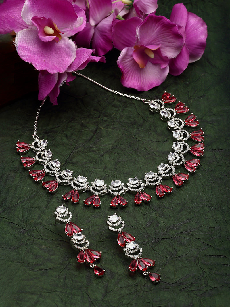 Rhodium-Plated Red American Diamond Studded Teardrop & Crescent Shaped Necklace with Earrings Jewellery Set