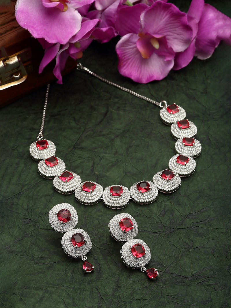 Rhodium-Plated Red Cubic Zirconia Studded Necklace with Earrings Jewellery Set