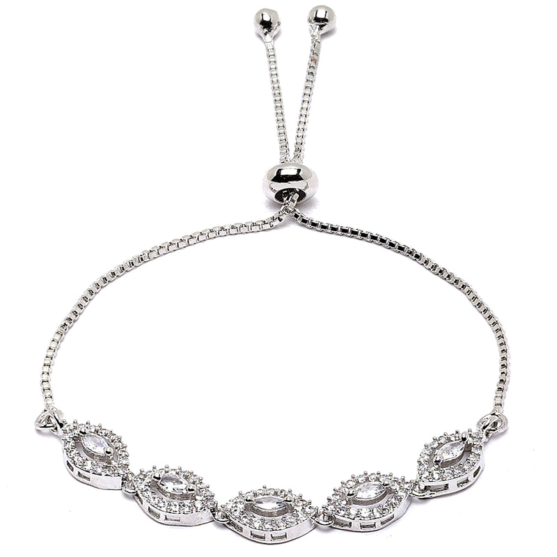 Rhodium Plated Silver Toned Leaf Shaped White American Diamond Studded Bracelet
