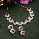 Rhodium-Plated Red Cubic Zirconia Studded Necklace with Earrings Jewellery Set