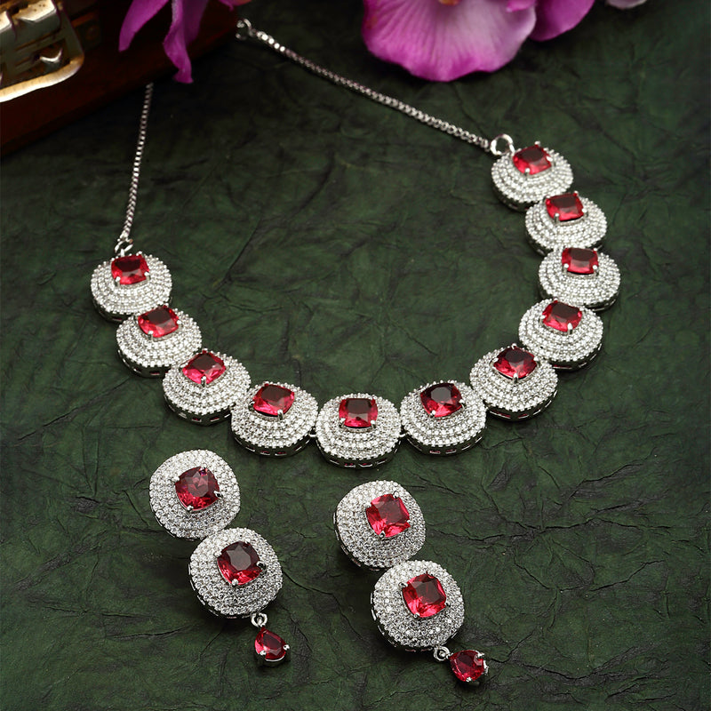 Rhodium-Plated Red Cubic Zirconia Studded Necklace with Earrings Jewellery Set