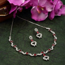 Rhodium-Plated Red American Diamond Studded Heart Shaped Necklace & Earrings Jewellery Set