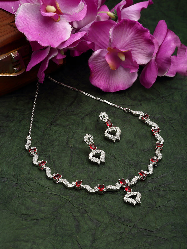 Rhodium-Plated Red American Diamond Studded Heart Shaped Necklace & Earrings Jewellery Set