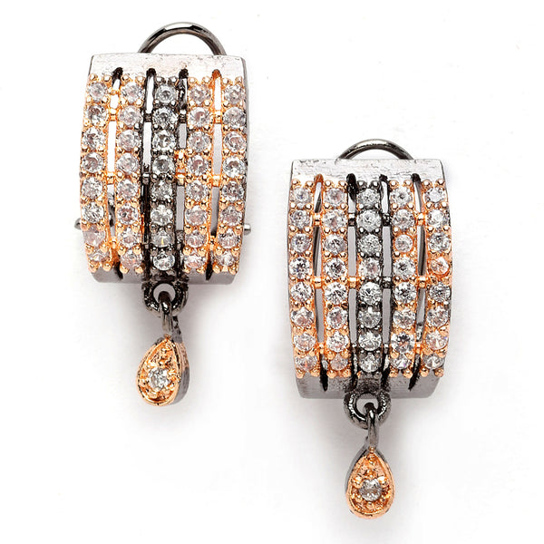 Rose Gold-Plated Gunmetal Toned White American Diamond studded Teardrop Shaped Stud Earrings
