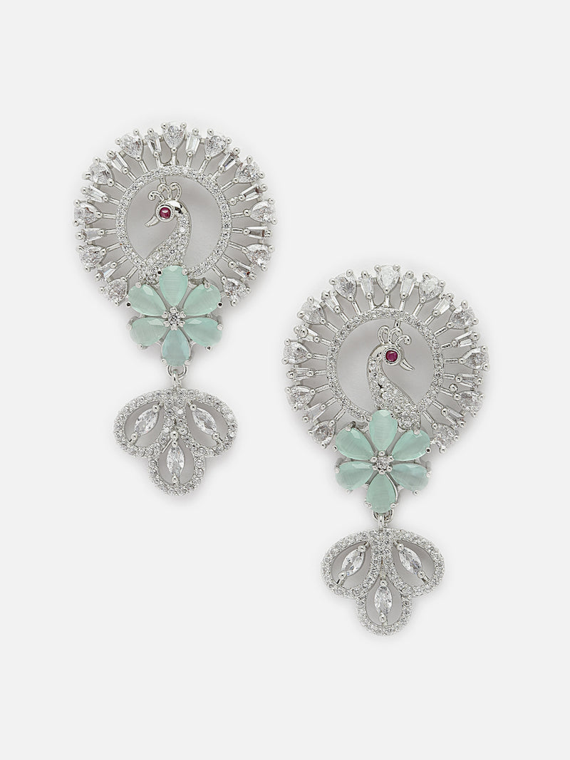 Rhodium-Plated Sea Green American Diamond studded Handcrafted Peacock Shaped Drop Earrings