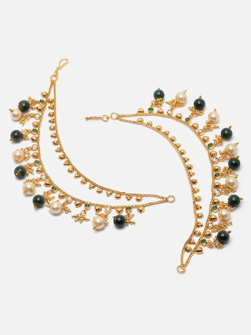 Gold-Plated Green & White Pearls studded Classic Jhumka Earrings Chain