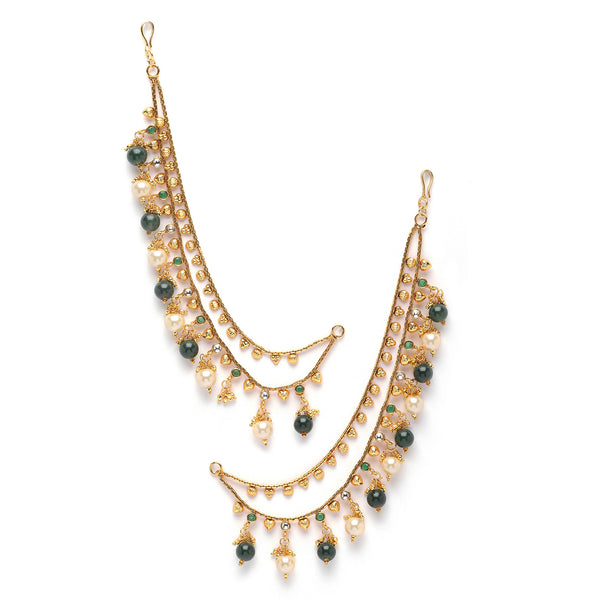 Gold-Plated Green & White Pearls studded Classic Jhumka Earrings Chain