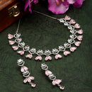 Rhodium-Plated Pink American Diamond Studded Teardrop & Crescent Shaped Necklace with Earrings Jewellery Set