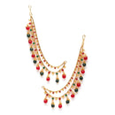 Gold-Plated Red & Green Kundan & Pearls studded Classic Jhumka Earrings with Ear Chain