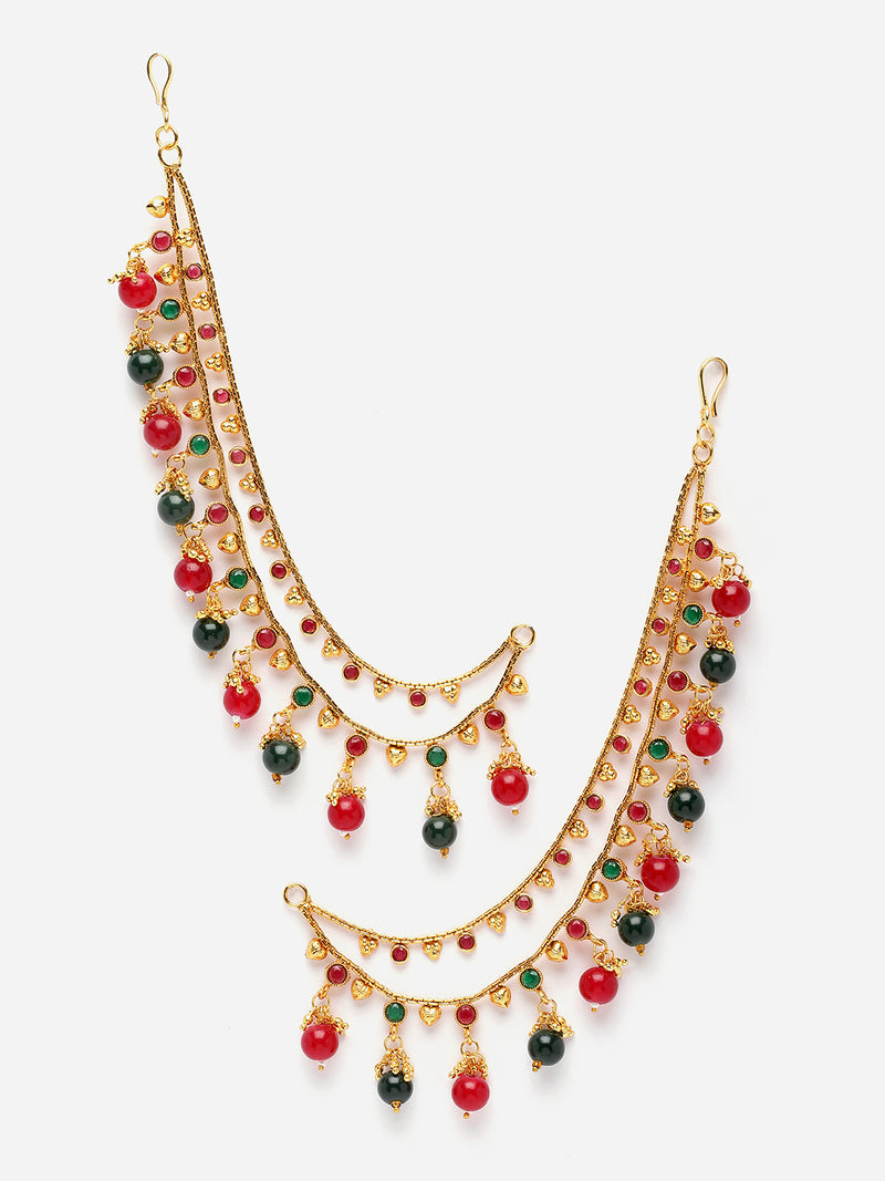 Gold-Plated Red & Green Kundan & Pearls studded Classic Jhumka Earrings with Ear Chain